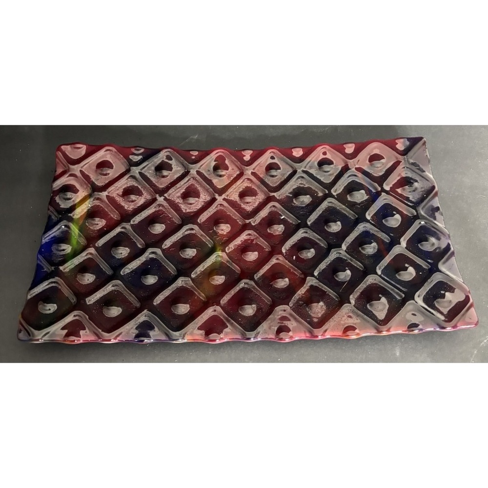 Ruby Red Fused Art Glass Plate Platter Handmade Unsigned 12.5" x 7" Textured